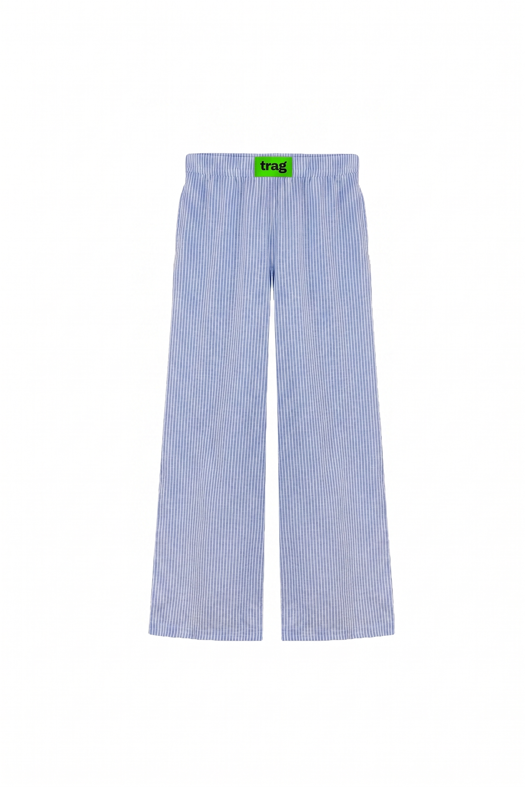 Drawstring trousers sky blue stripe, packshot with trag label at waistband