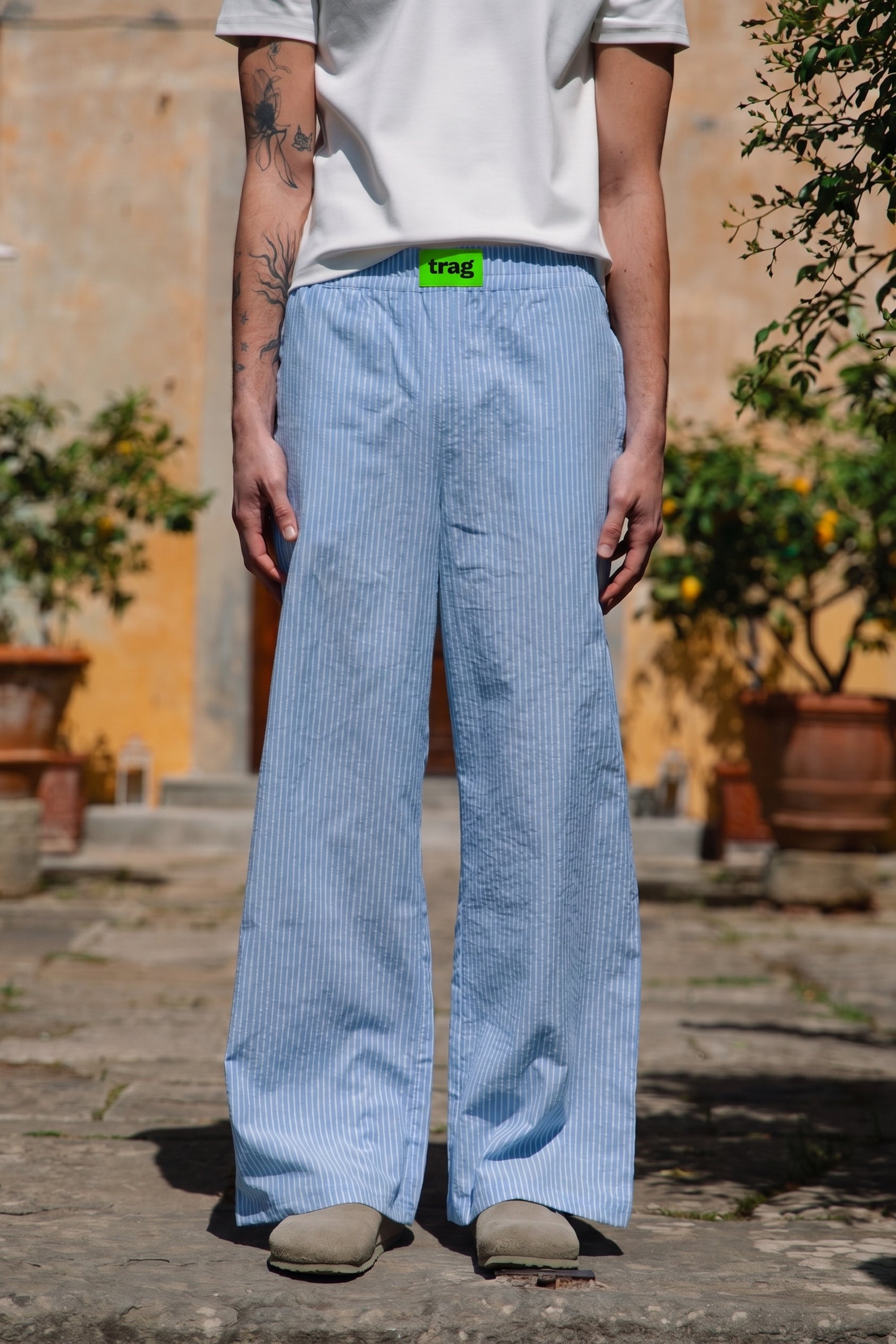 Drawstring trousers sky blue stripe, waistband crop with trag label