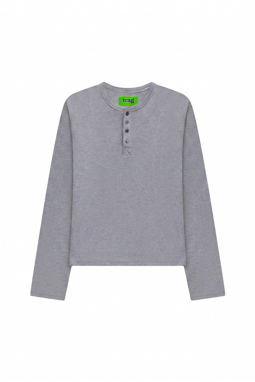 Ribbed long henley light grey marl, packshot with trag label at collar