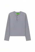 Ribbed long henley light grey marl, packshot with trag label at collar