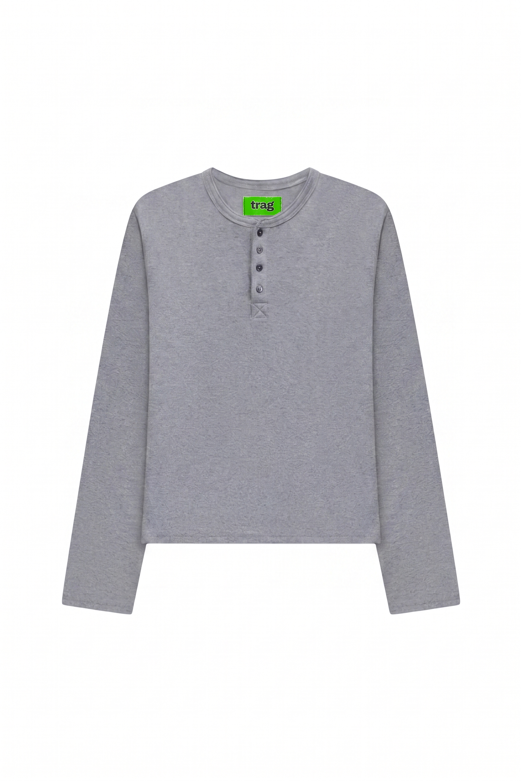 Ribbed long henley light grey marl, packshot with trag label at collar