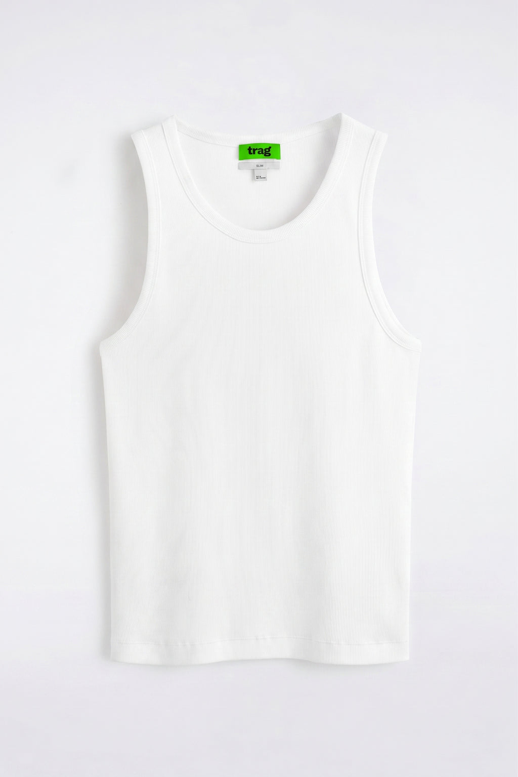 Ribbed tank top white, flat lay with trag label at collar
