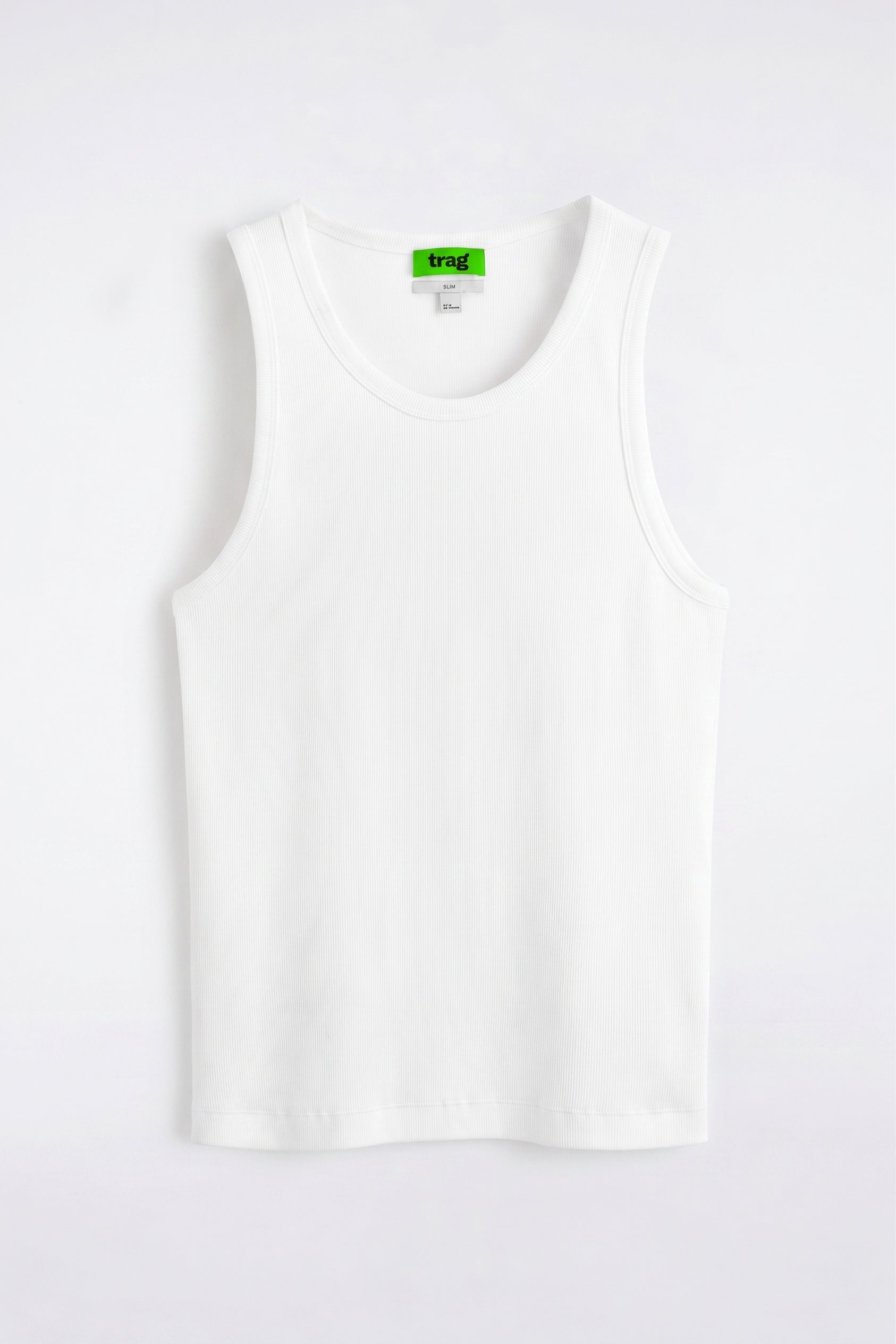 Ribbed tank top white, flat lay with trag label at collar